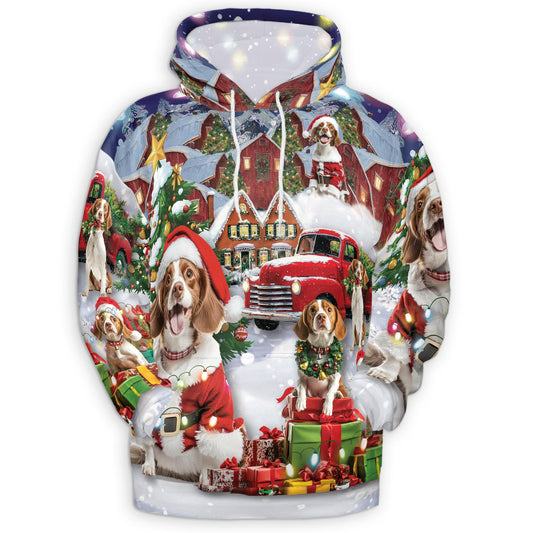 Netecom Brittany Spaniel Christmas Print Hoodie with Front Pocket, All Over Festive Dog Graphic Sweatshirt Unisex Casual