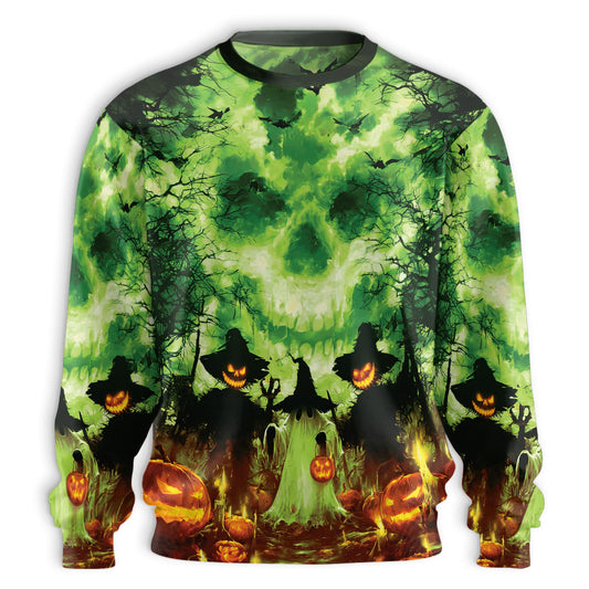 Netecom Halloween Pumpkin Scarecrow Sweatshirt 3D All Over Print, Spooky Skull Night, Crewneck Pullover for Costume Party