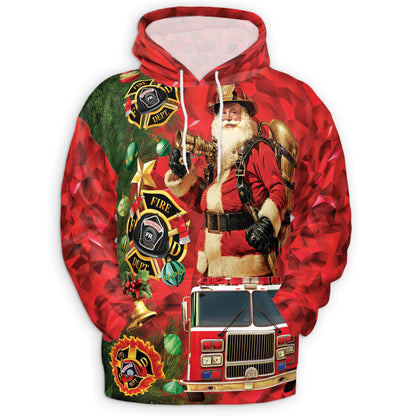 Netecom Firefighter Santa Claus Christmas Print Hoodie with Front Pocket, All Over Fire Truck Graphic Sweatshirt Unisex Casual