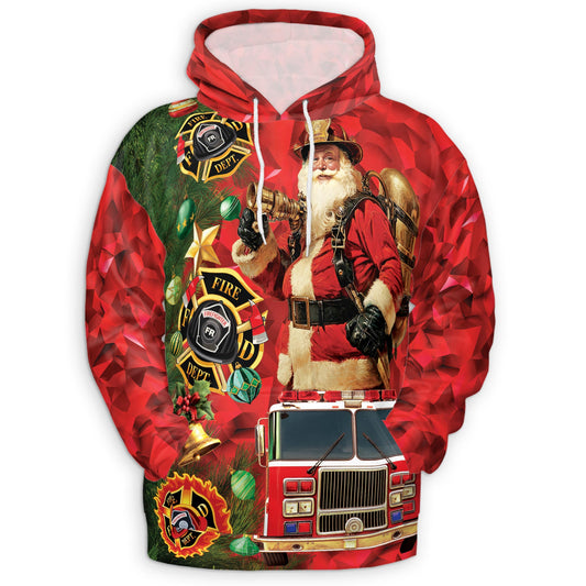 Netecom Firefighter Santa Claus Christmas Print Hoodie with Front Pocket, All Over Fire Truck Graphic Sweatshirt Unisex Casual