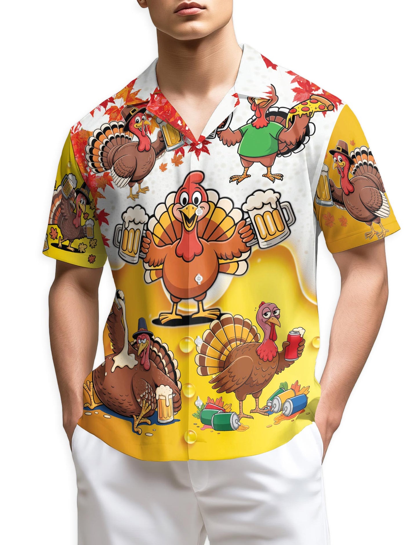 Netecom Funny Drunk Turkey Thanksgiving Hawaiian Shirt, Beer and Pizza Cartoon Print Button Down Summer Beach Shirts, S-5XL