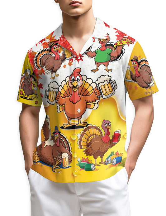 Netecom Funny Drunk Turkey Thanksgiving Hawaiian Shirt, Beer and Pizza Cartoon Print Button Down Summer Beach Shirts, S-5XL
