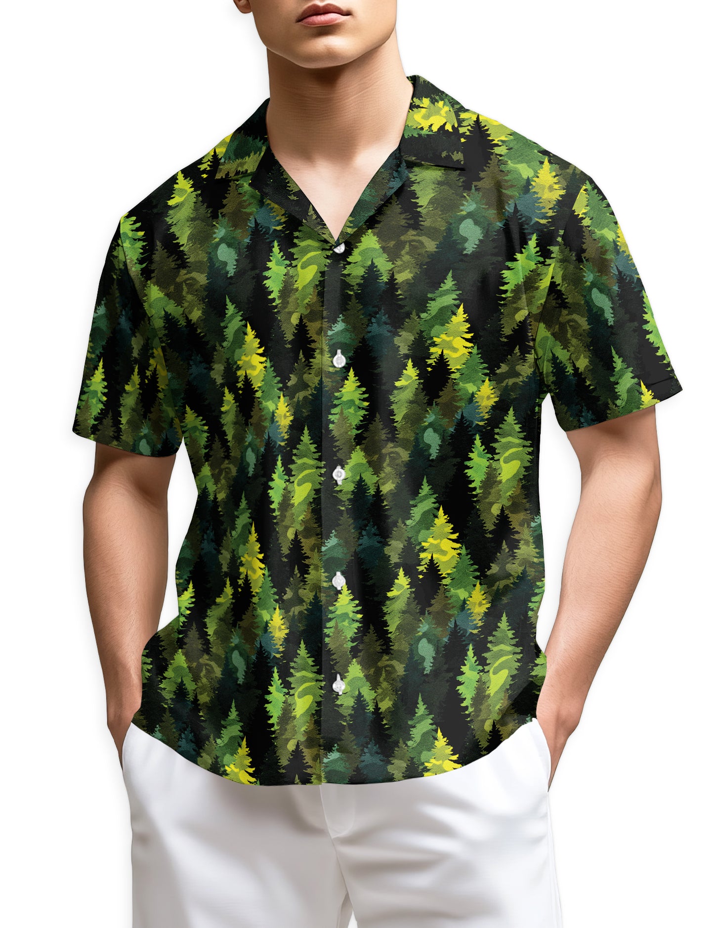 Netecom Camouflage Pine Tree Hawaiian Shirt, Forest Green Woodland Pattern Button Down Short Sleeve Shirt