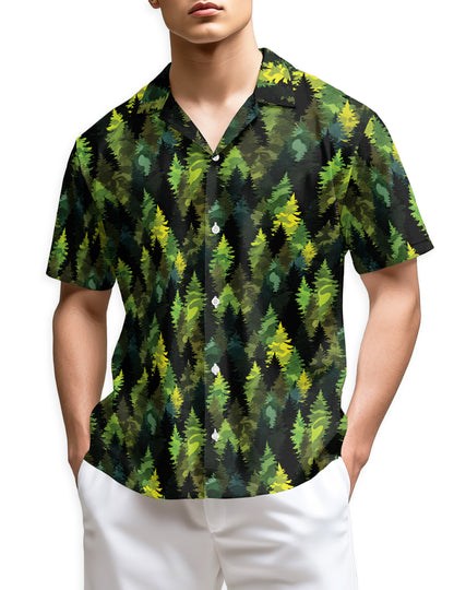 Netecom Camouflage Pine Tree Hawaiian Shirt, Forest Green Woodland Pattern Button Down Short Sleeve Shirt