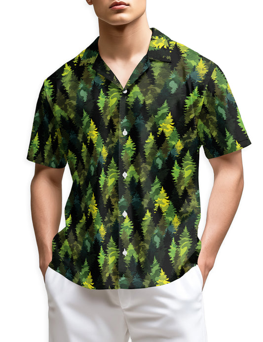Netecom Camouflage Pine Tree Hawaiian Shirt, Forest Green Woodland Pattern Button Down Short Sleeve Shirt
