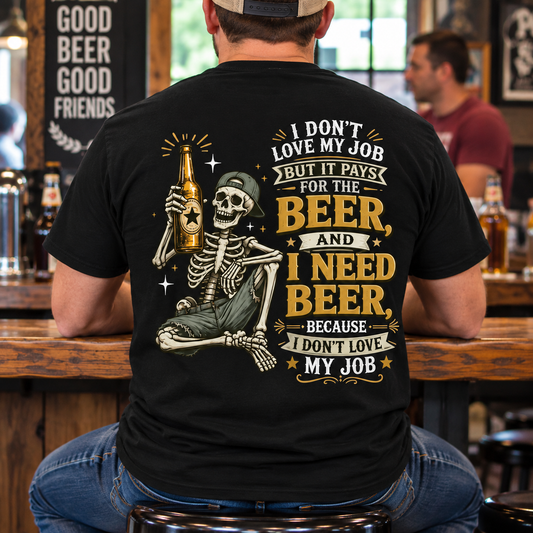I Don't Love My Job But It Pays For Beer Funny Skeleton Shirt