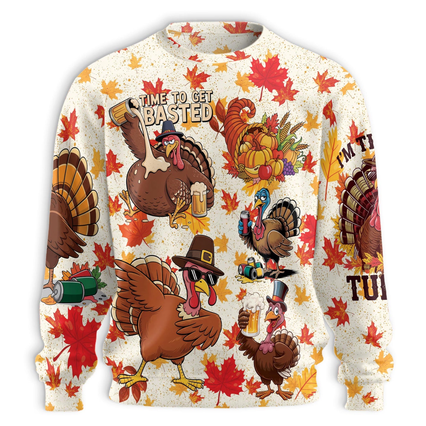 Netecom Thanksgiving Turkey Sweatshirt 3D All Over Print, Funny Turkey Drink Beer Design, Crewneck Pullover for Costume Party
