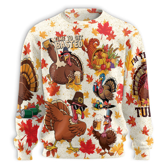 Netecom Thanksgiving Turkey Sweatshirt 3D All Over Print, Funny Turkey Drink Beer Design, Crewneck Pullover for Costume Party