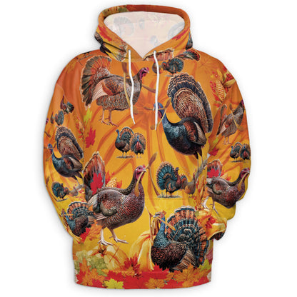 Netecom Thanksgiving Turkey 3D Hoodie with Front Pocket, Unisex Casual All Over Autumn Leaves Graphic Sweatshirt