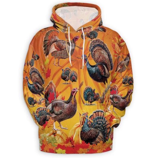 Netecom Thanksgiving Turkey 3D Hoodie with Front Pocket, Unisex Casual All Over Autumn Leaves Graphic Sweatshirt