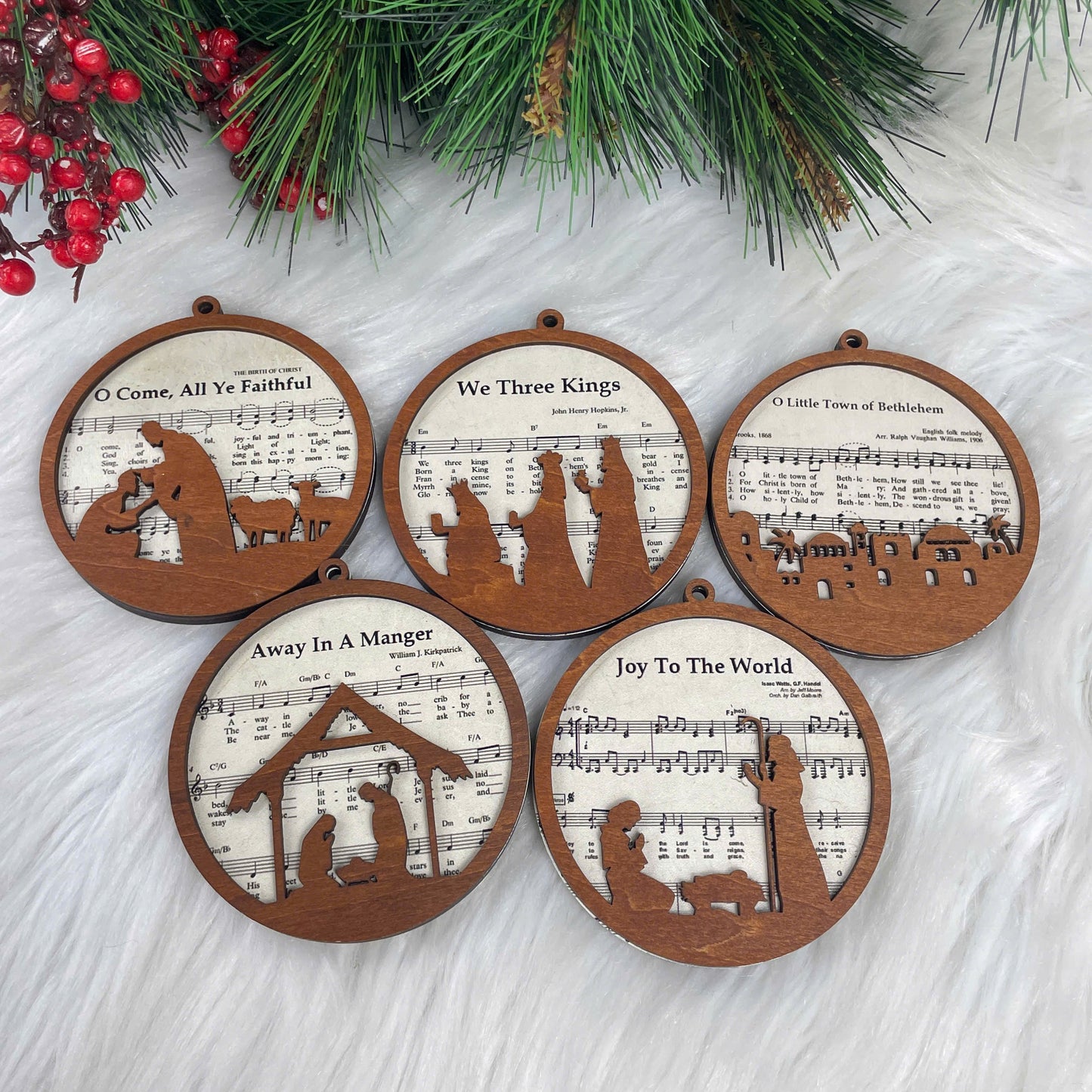Netecom 2-Layered Wooden Christmas Ornaments – Nativity Hymn Scene Set of 5, Biblical Song Design “Joy to the World”, “We Three Kings”