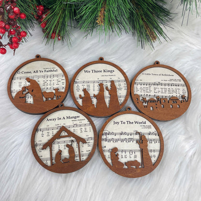 Netecom 2-Layered Wooden Christmas Ornaments – Nativity Hymn Scene Set of 5, Biblical Song Design “Joy to the World”, “We Three Kings”
