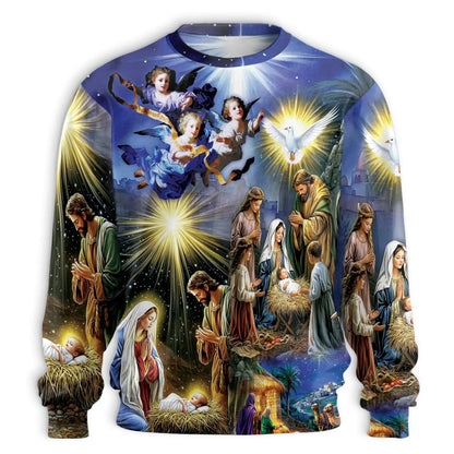 Jesus Birth Christmas Sweatshirt, 3D All Over Print Nativity Scene Holiday Crewneck Pullover for Men Women, Christian Christmas Gift - Netecom