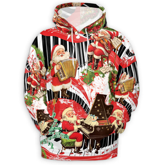 Netecom Santa Claus Playing Musical Christmas 3D Hoodie with Front Pocket, Unisex Casual All Over Graphic Sweatshirt