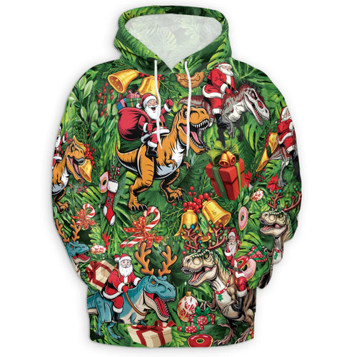 Netecom Santa Claus Riding Dinosaur Print Hoodie with Front Pocket, All Over Funny T-Rex Graphic Sweatshirt Unisex Casual