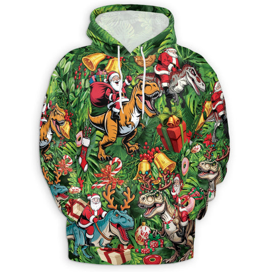 Netecom Santa Claus Riding Dinosaur Print Hoodie with Front Pocket, All Over Funny T-Rex Graphic Sweatshirt Unisex Casual