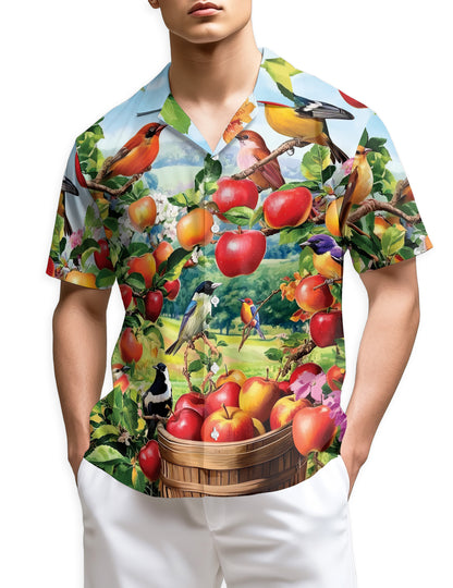 Netecom Apple Fruits and Birds Hawaiian Shirt, Fruits Lover Gifts, Tropical Animal Button Down Summer Beach Shirts