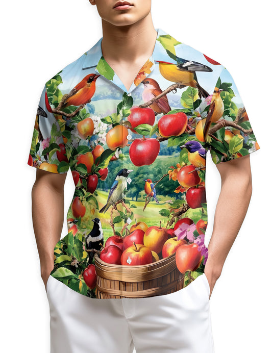 Netecom Apple Fruits and Birds Hawaiian Shirt, Fruits Lover Gifts, Tropical Animal Button Down Summer Beach Shirts