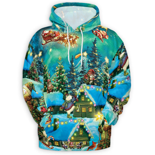 Netecom Magical Christmas Night Scene 3D Hoodie with Front Pocket, Unisex Casual All Over Santa Graphic Sweatshirt