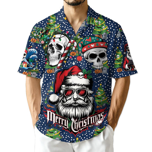 Netecom Santa Skull Christmas Hawaiian Shirt for Men Women, Gothic Skeleton Santa Button Down Summer Beach Shirts, S-5XL