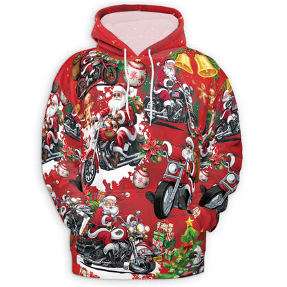 Netecom Santa Claus Riding Motorcycle Print Hoodie with Front Pocket, All Over Holiday Biker Graphic Sweatshirt Unisex Casual