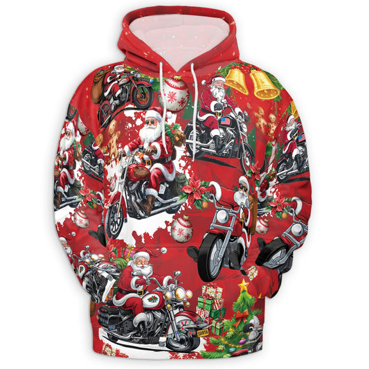 Netecom Santa Claus Riding Motorcycle Print Hoodie with Front Pocket, All Over Holiday Biker Graphic Sweatshirt Unisex Casual