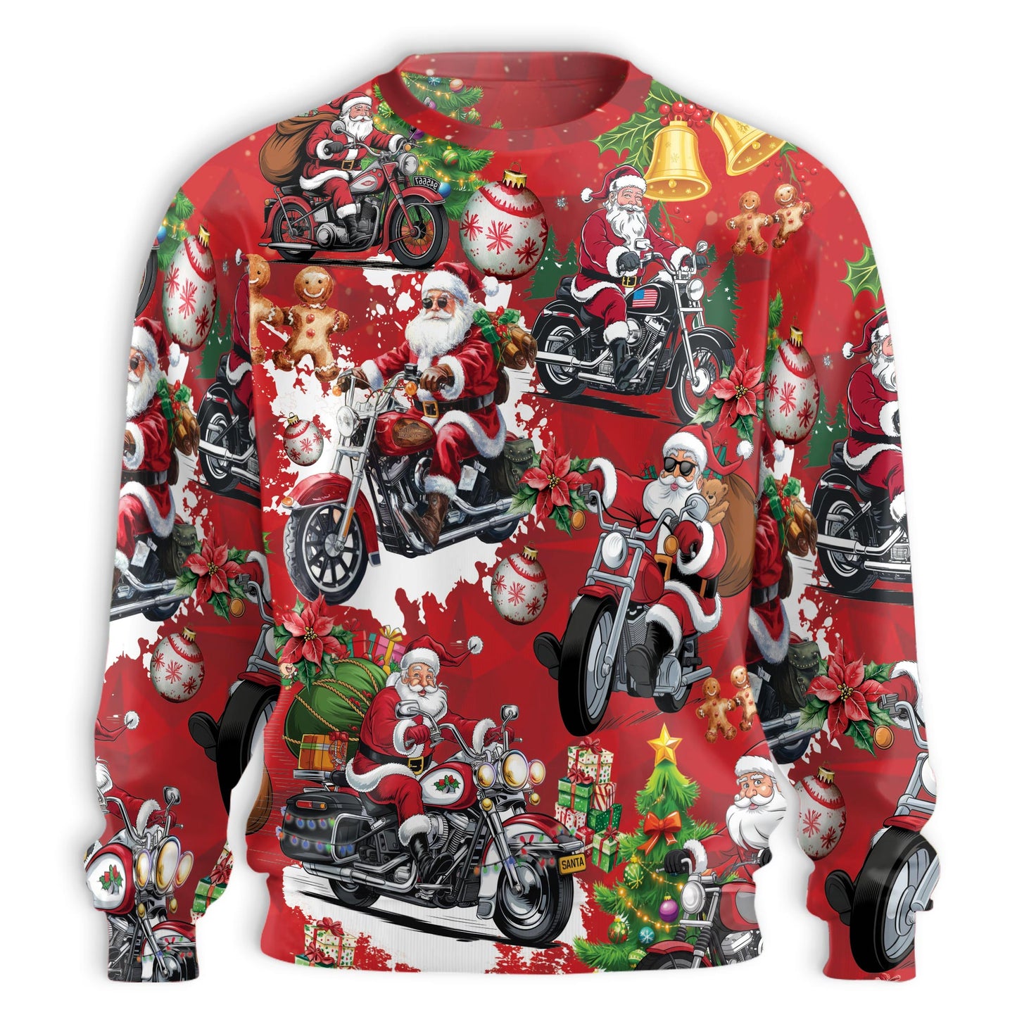 Netecom Santa Clause Riding Motorcycle Sweatshirt 3D All Over Print, Funny Festive Design, Crewneck Pullover for Costume Party