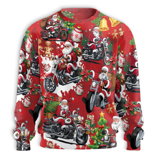 Netecom Santa Clause Riding Motorcycle Sweatshirt 3D All Over Print, Funny Festive Design, Crewneck Pullover for Costume Party
