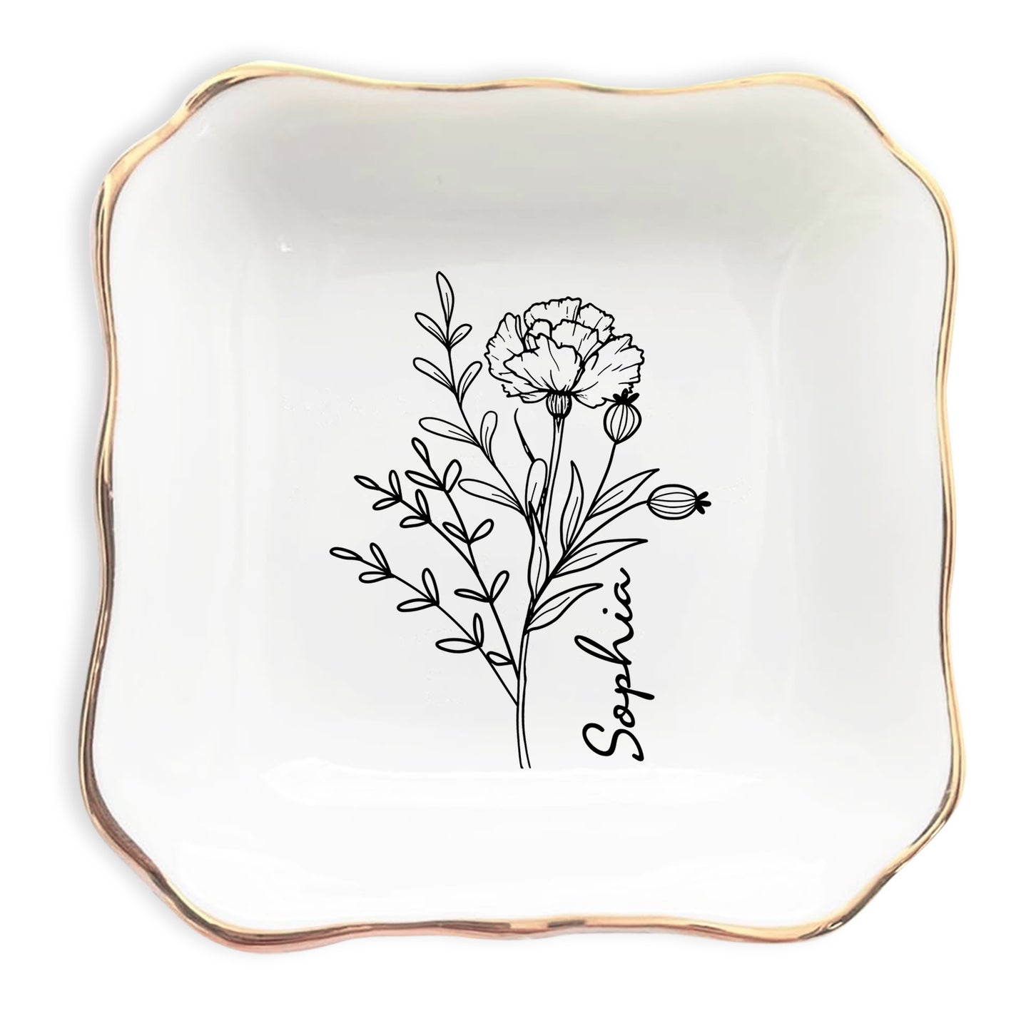 Netecom Elegant Personalized Birth Month Flower Jewelry Dish Set, Custom Name Gold Rim Ceramic Ring Tray for Bridesmaid & Mother's Day Gift