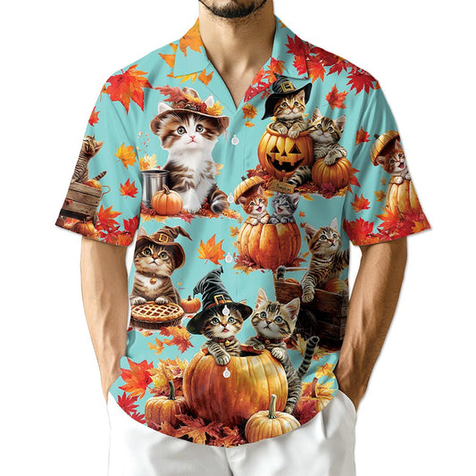 Netecom Cat Pumpkin Hawaiian Shirt for Men, Cute Kitten Halloween Holiday Button Down Summer Beach Short Sleeve Shirt, S-5XL