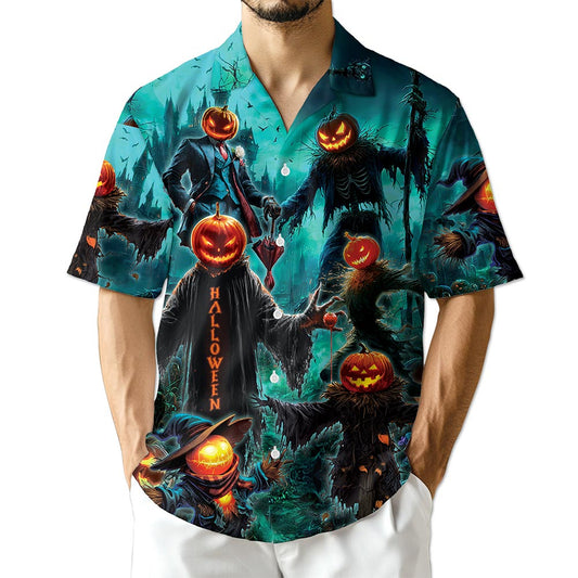 Netecom Happy Pumpkin Halloween Hawaiian Shirt for Men, Halloween Present, Skull Button Down Summer Beach Shirts, S-5XL