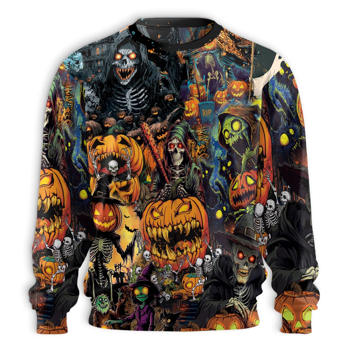 Netecom Halloween Skeleton Pumpkin Sweatshirt 3D All Over Print – Unisex Crewneck Pullover, Lightweight Fleece Casual Outfit