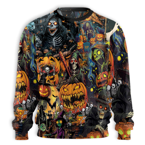 Netecom Halloween Skeleton Pumpkin Sweatshirt 3D All Over Print – Unisex Crewneck Pullover, Lightweight Fleece Casual Outfit