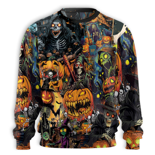 Netecom Halloween Skeleton Pumpkin Sweatshirt 3D All Over Print – Unisex Crewneck Pullover, Lightweight Fleece Casual Outfit
