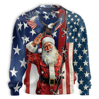 Netecom Christmas Santa Clause Sweatshirt 3D All Over Print, Patriotic USA Flag Design, Crewneck Pullover for Costume Party