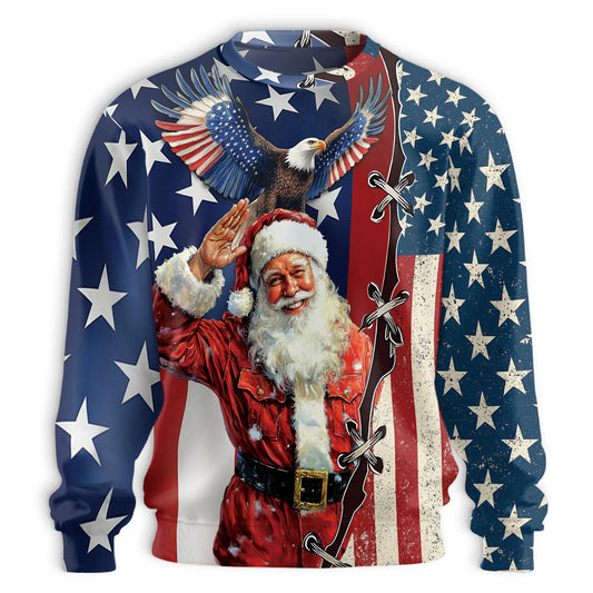 Netecom Christmas Santa Clause Sweatshirt 3D All Over Print, Patriotic USA Flag Design, Crewneck Pullover for Costume Party