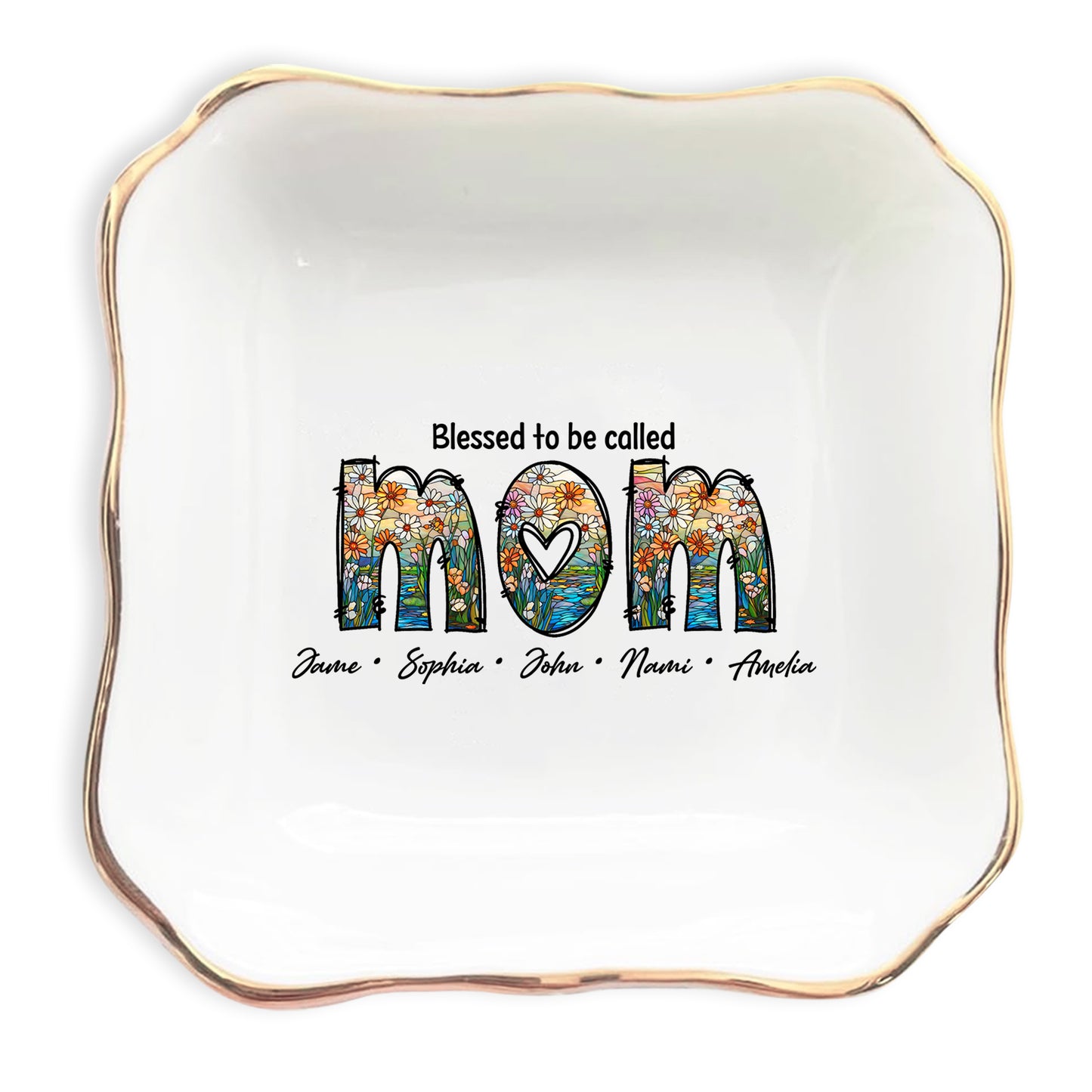 Netecom Gold Rim Trinket Dish with Custom Names under MOM, Unique Mother's Day Keepsake for Her