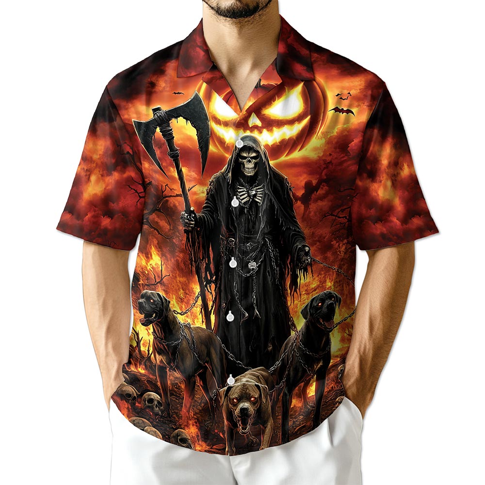 Netecom Grim Reaper Hawaiian Shirt for Men, Halloween Present, Dark Hellhound Button Down Summer Beach Shirts, S-5XL