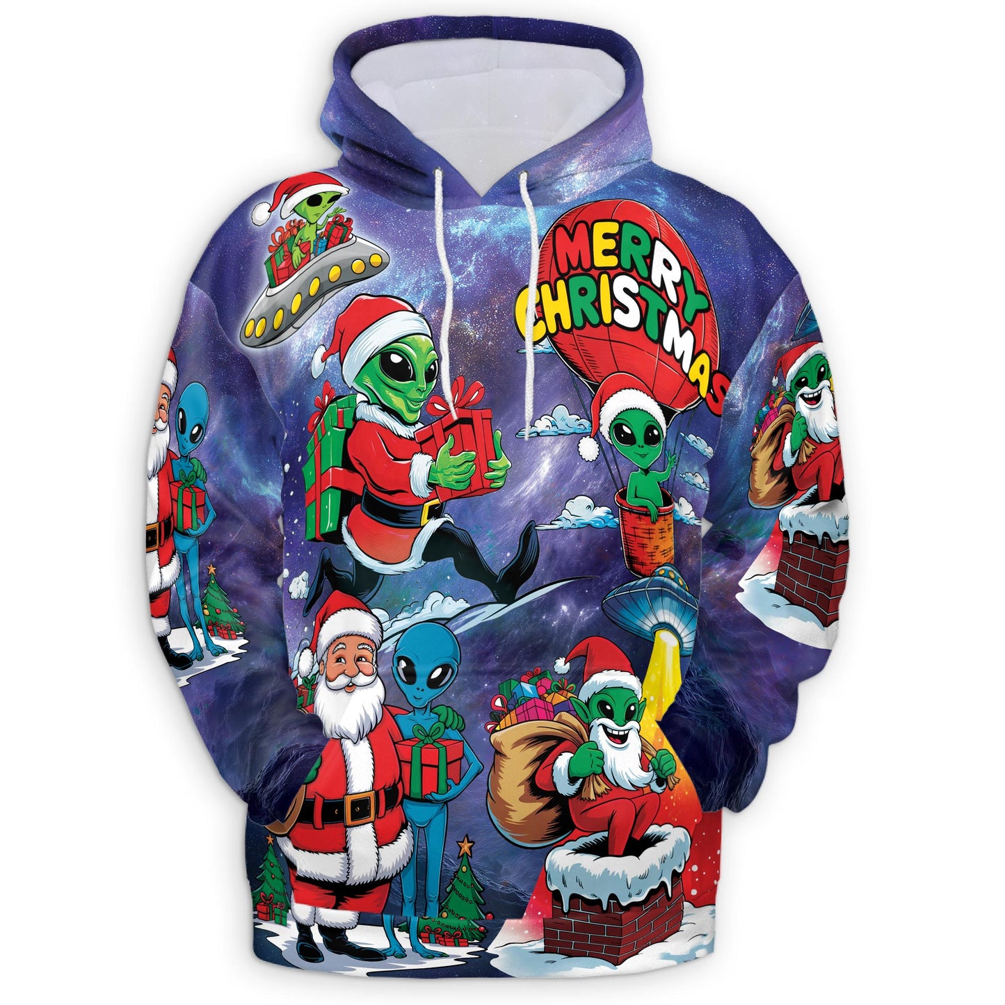 Netecom Alien Santa Claus Christmas Print Hoodie with Front Pocket, All Over Graphic Galaxy Space Sweatshirt Unisex Casual