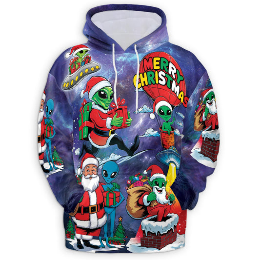 Netecom Alien Santa Claus Christmas Print Hoodie with Front Pocket, All Over Graphic Galaxy Space Sweatshirt Unisex Casual