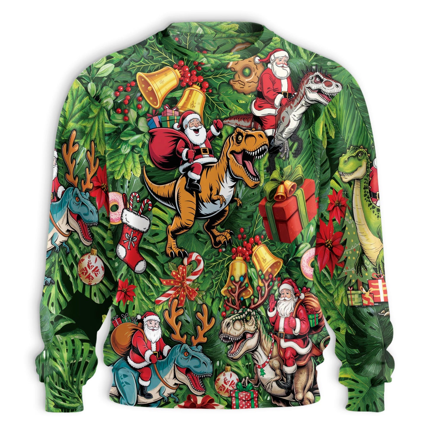 Netecom Tropical Dinosaur Christmas Sweatshirt 3D All Over Print, Santa Riding T Rex Design, Crewneck Pullover for Costume Party