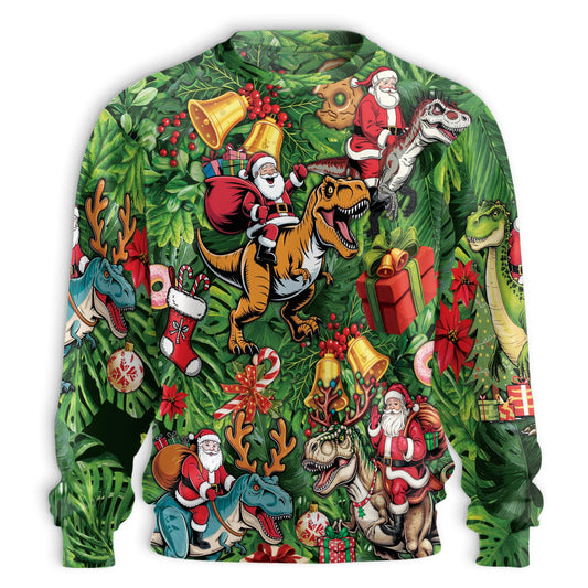 Netecom Tropical Dinosaur Christmas Sweatshirt 3D All Over Print, Santa Riding T Rex Design, Crewneck Pullover for Costume Party