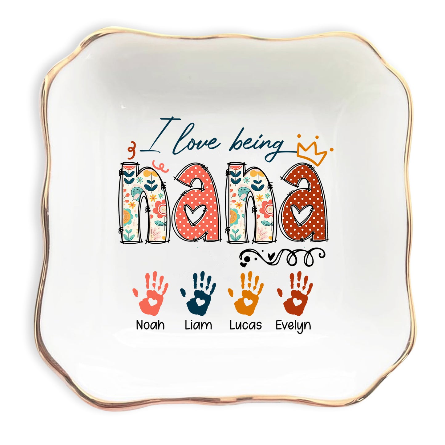 Netecom Personalized I Love Being NANA Jewelry Tray, Custom Handprints & Grandkids Names Ceramic Ring Dish , Mother's Day & Christmas Gift