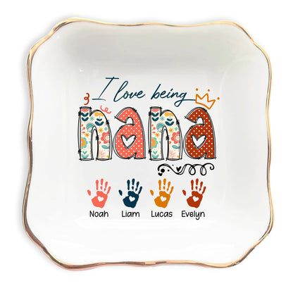 Netecom Personalized I Love Being NANA Jewelry Tray, Custom Handprints & Grandkids Names Ceramic Ring Dish , Mother's Day & Christmas Gift