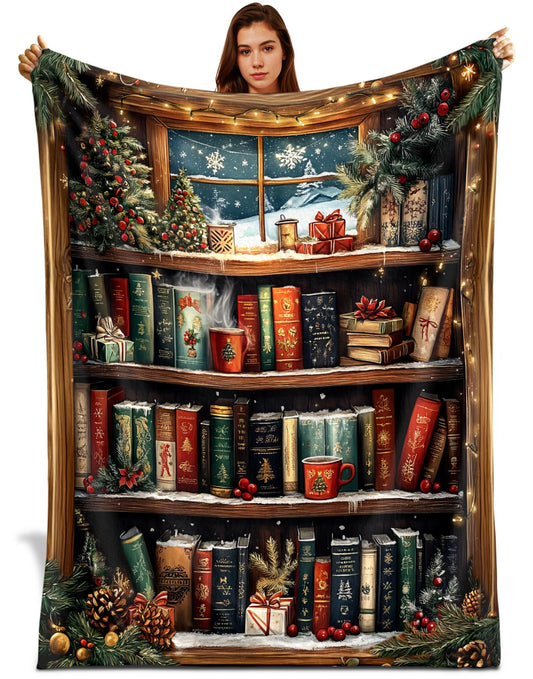 Netecom Boho Vintage Bookish Christmas Blanket, Holiday Bookshelf Cozy Throw Blanket for Couch, Bed or Sofa, Ultra Soft and Warm Gift for Book Lovers or Christmas