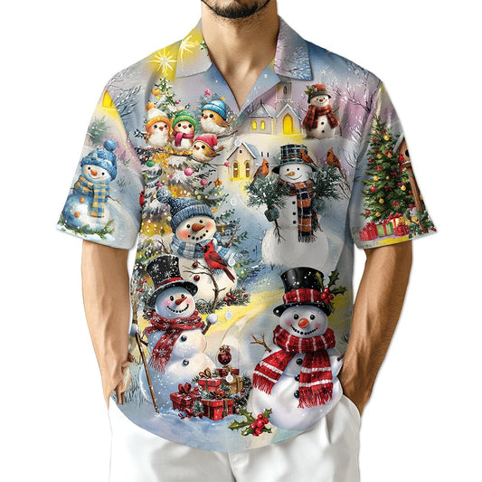 Netecom Snowman Christmas Hawaiian Shirt for Men Women, Winter Snow Tree Button Down Summer Beach Short Sleeve Shirts, S-5XL