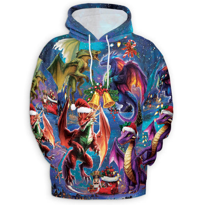 Netecom Christmas Dragon Print Hoodie with Front Pocket, All Over Fantasy Fire Dragon Graphic Sweatshirt Unisex Casual