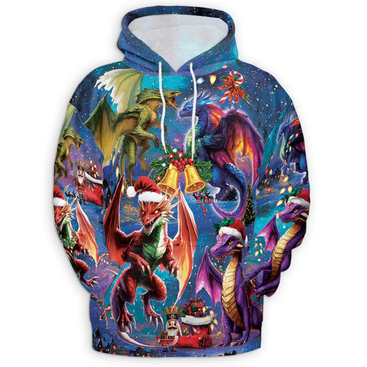 Netecom Christmas Dragon Print Hoodie with Front Pocket, All Over Fantasy Fire Dragon Graphic Sweatshirt Unisex Casual