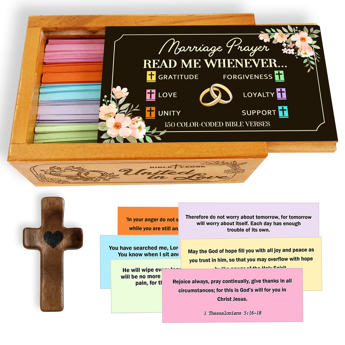 Marriage Prayer Bible Verses Wooden Box with Walnut Cross – 150 Color-Coded Christian Scriptures for Love, Unity, Gratitude, Forgiveness & Support