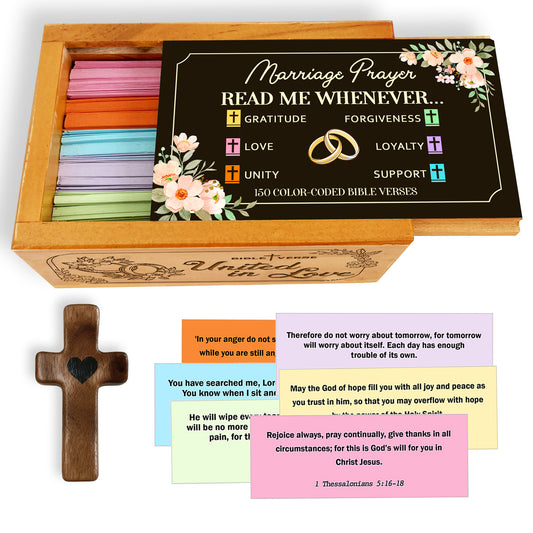 Marriage Prayer Bible Verses Wooden Box with Walnut Cross – 150 Color-Coded Christian Scriptures for Love, Unity, Gratitude, Forgiveness & Support